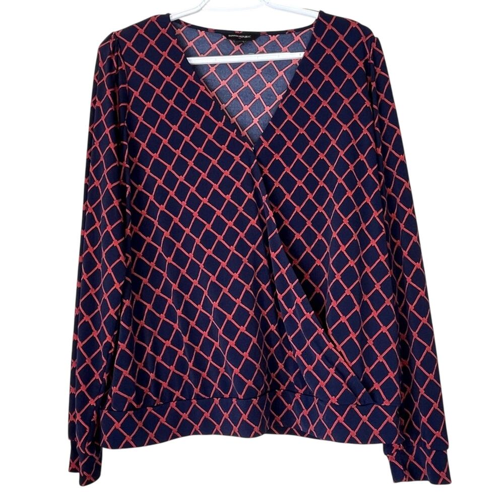 Banana Republic Navy / Red Patterned Long Sleeve V-Neck Blouse Size Large